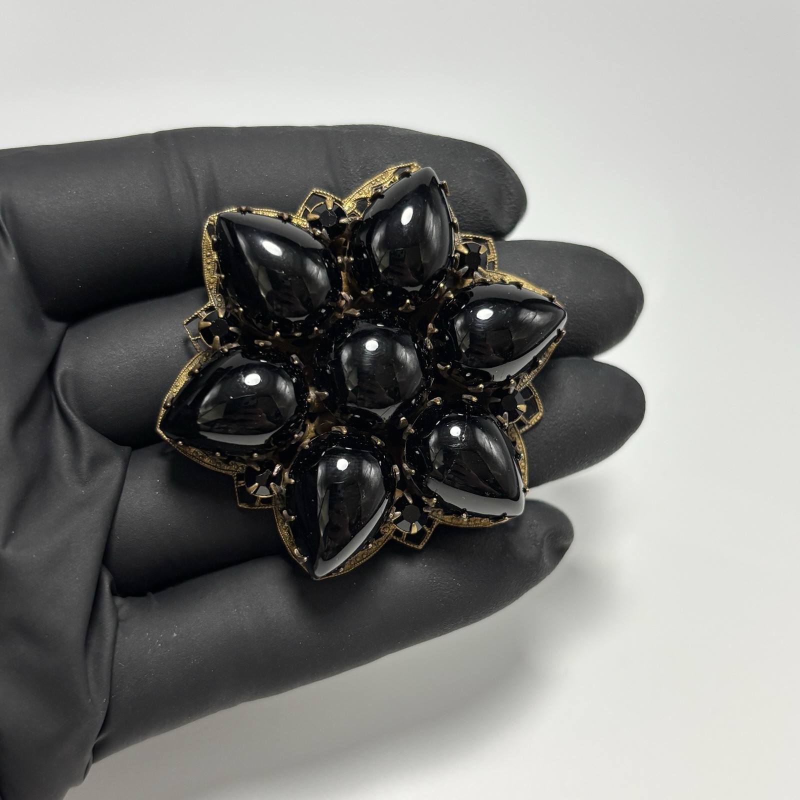 Vintage Brooch Pendant Teardrop Black Glass Cabochons Double Layered 2-1/8″ Long