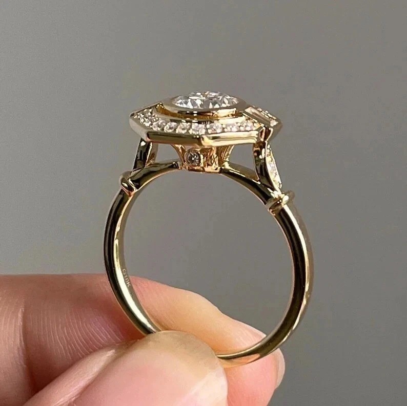Art Deco Round Cut Lab Created Diamond Anniversary 14K Yellow Gold Finish Ring