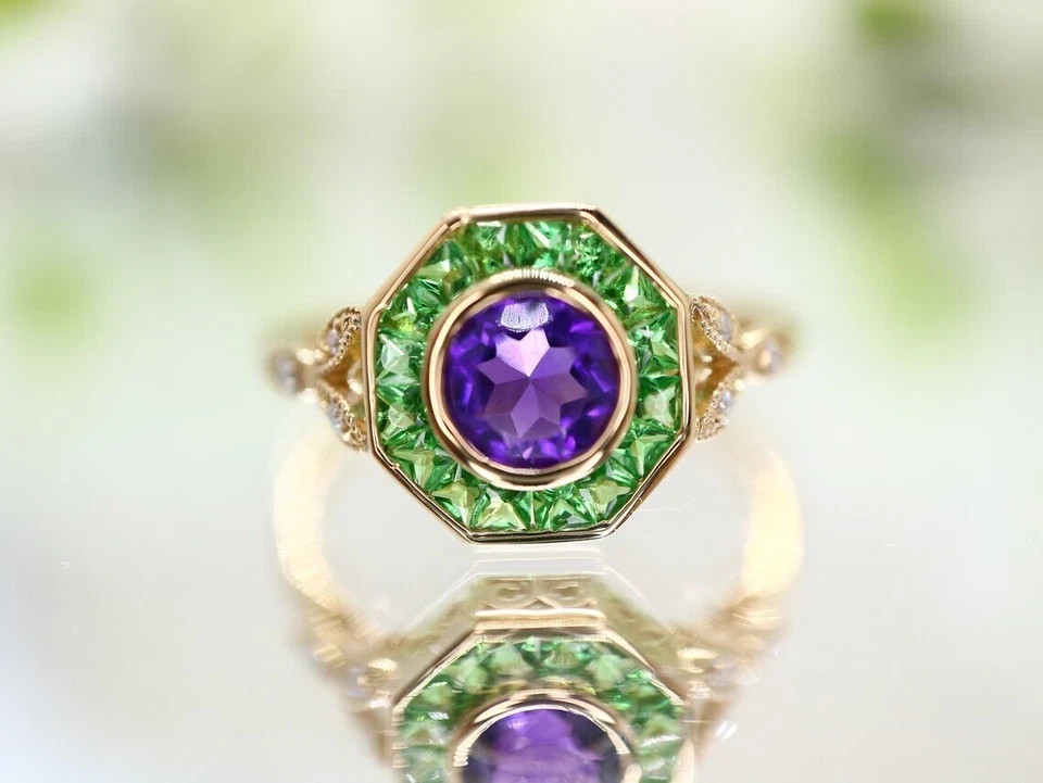 Art Deco Vintage Style Lab Created Amethyst & Emerald Wedding 14K Gold FN Ring
