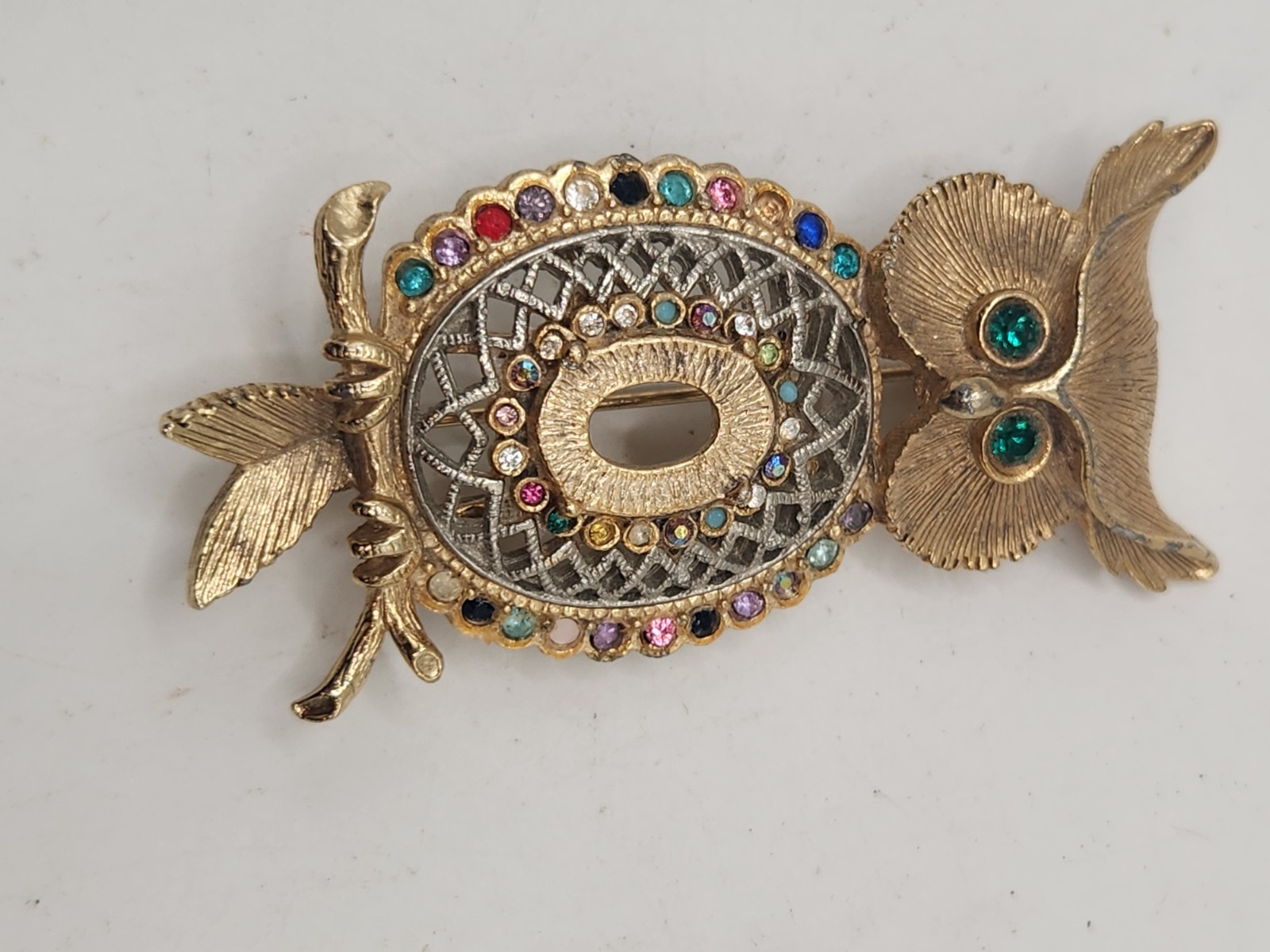 Vintage Owl Brooch Gold Tone Multi Color Rhinestone Figural Bird Pin Green Eyes