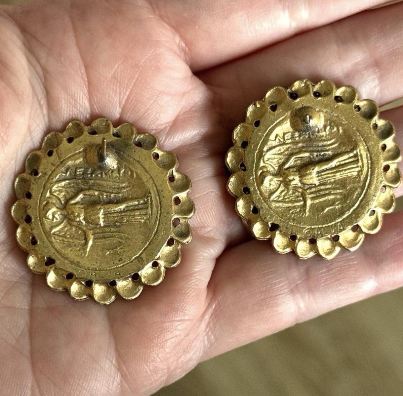 Vintage Alva Museum Scalloped Gold Tone Coin Pierced Earrings Signed