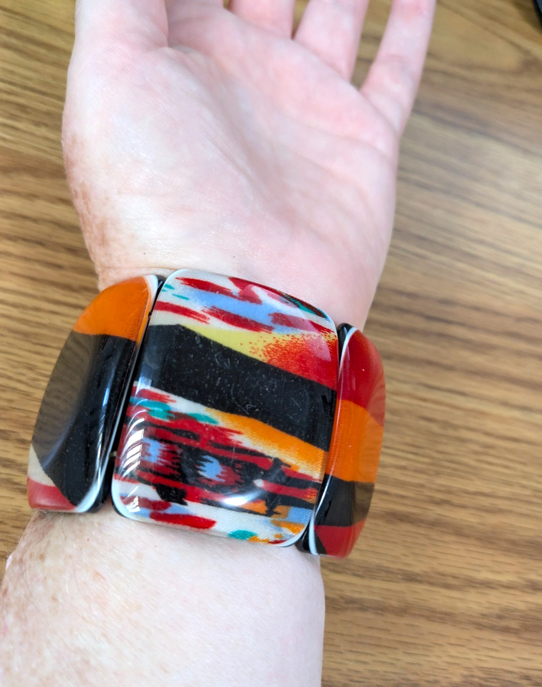 Vintage Lucite Panel Bracelet Red Orange Blue Green Pop Art Resin Acrylic