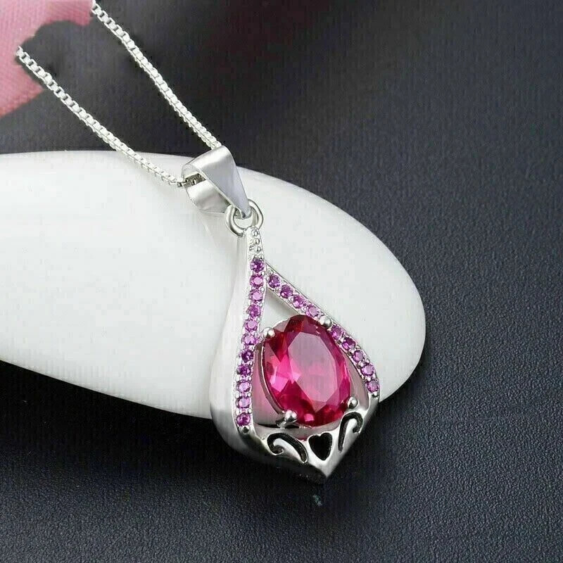Art Deco Style Lab Created Diamond Ruby Any Occasion Pendant 14K White Gold FN