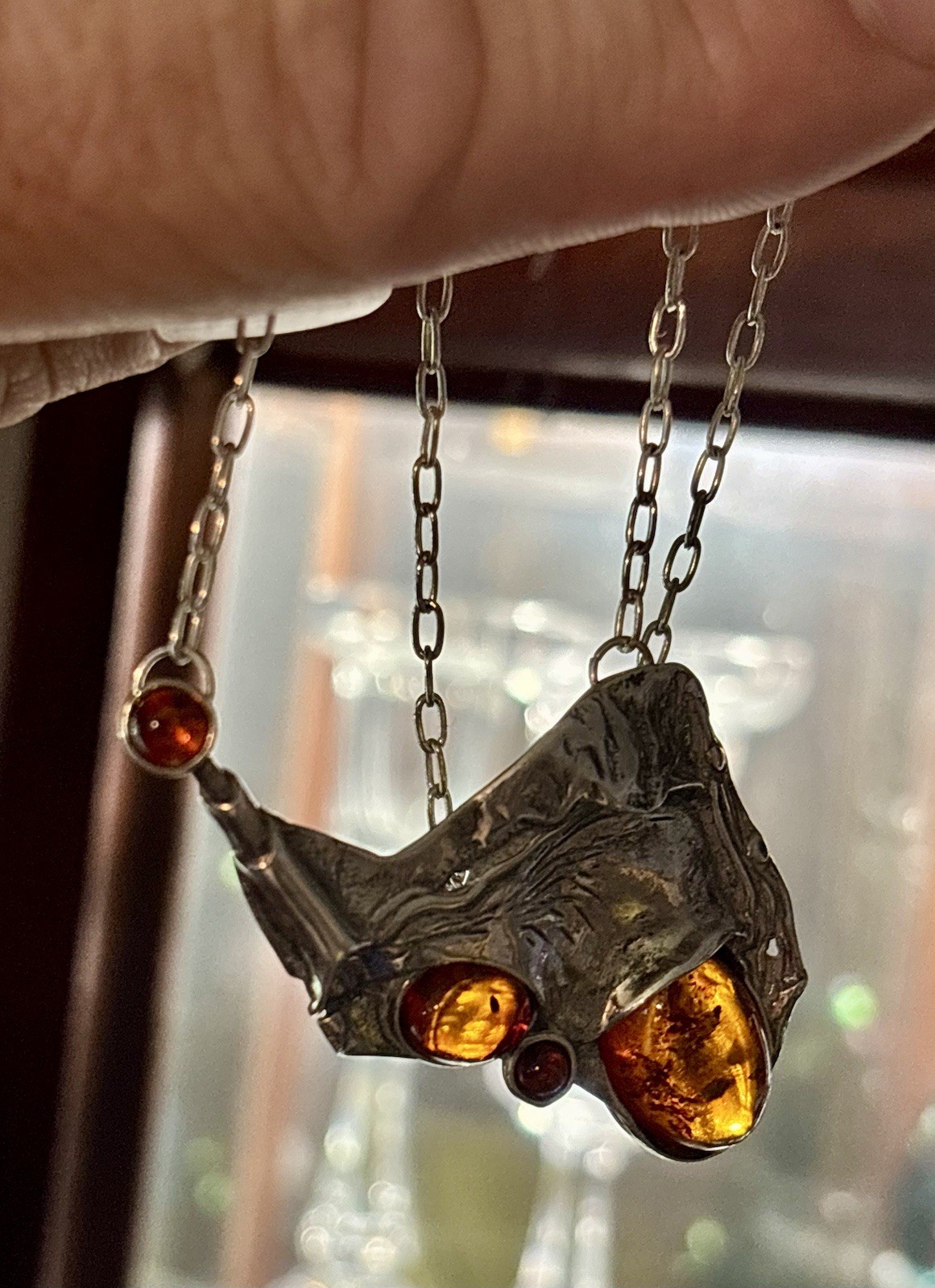 Vintage 17” Sterling & Amber Brutalist Necklace / Amazing!!