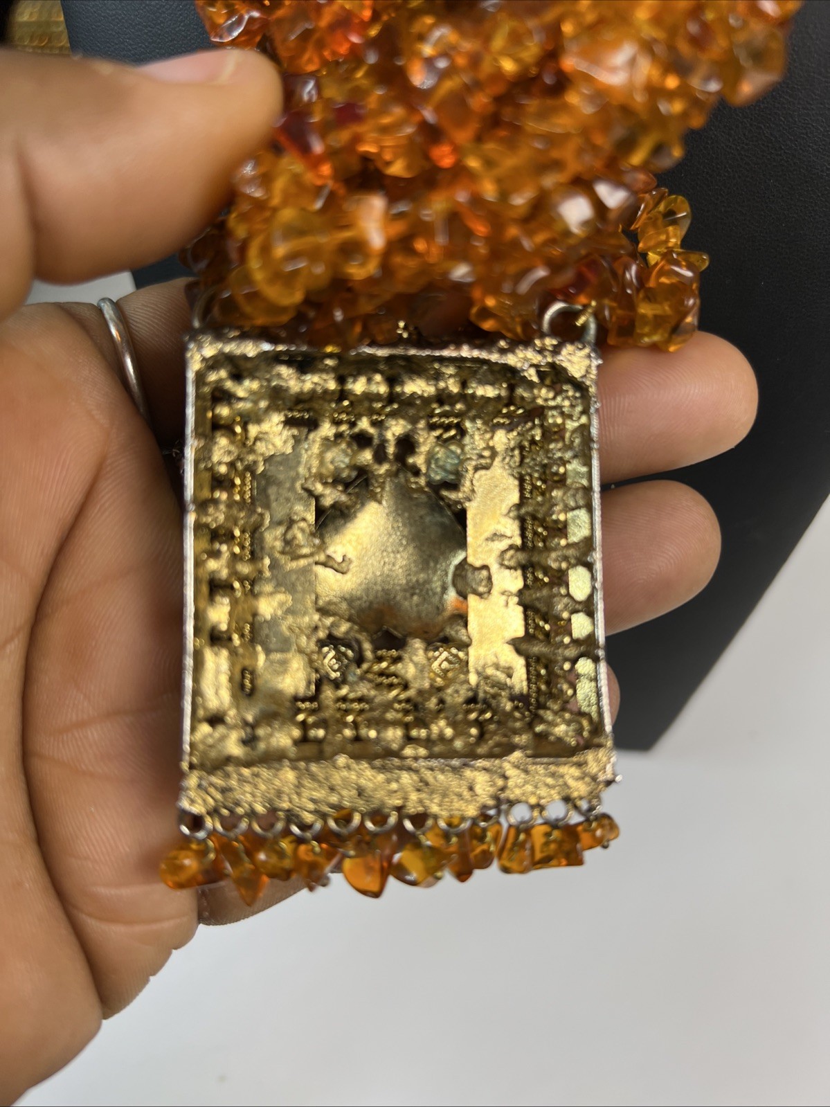 Vintage Amber Tone Glass Chip Multi Strand Necklace Artisan Pendant Heavy 9oz