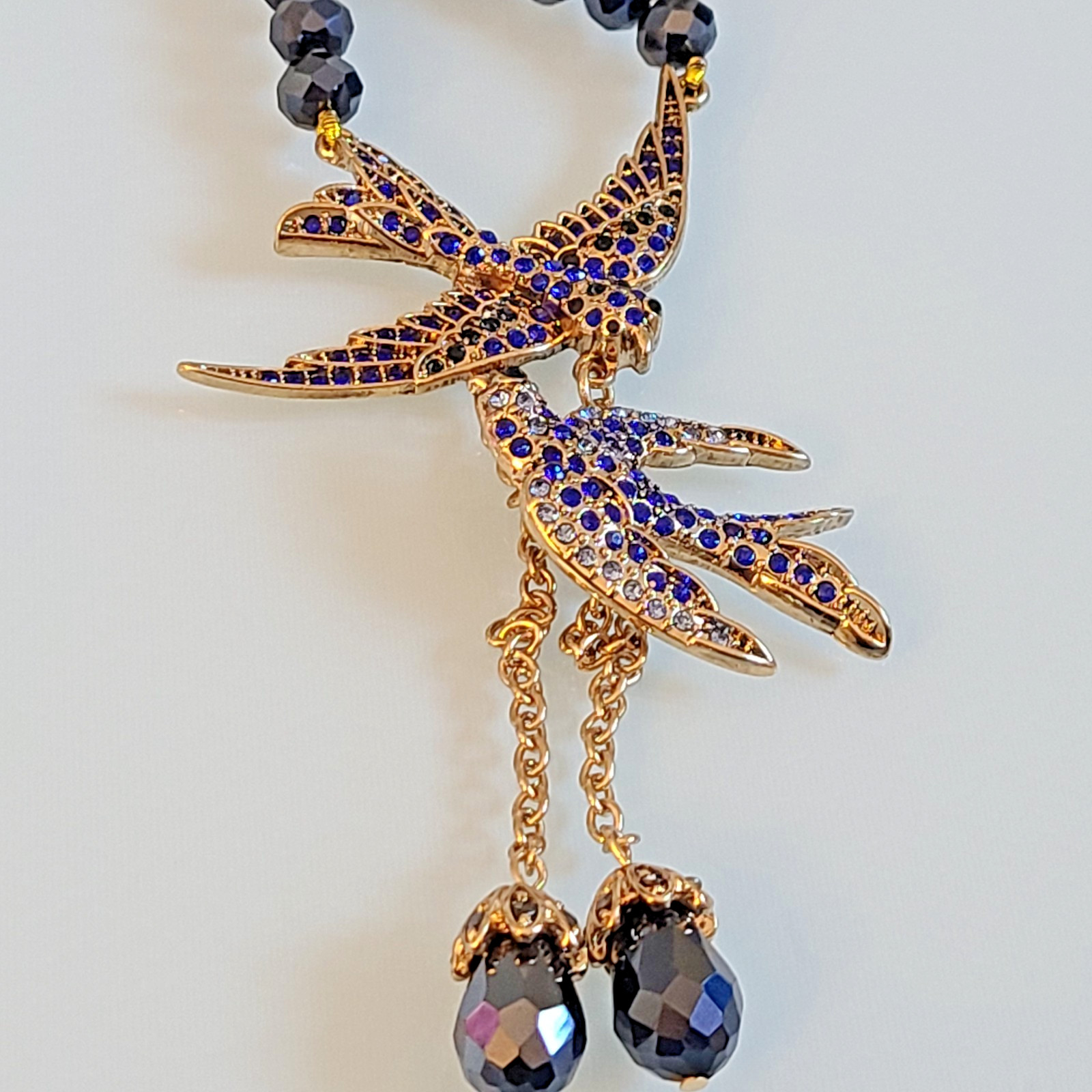 Signed Lihangyuan Twin Flying Birds Necklace Blue Rhinestone Black Bead 5″ Drop