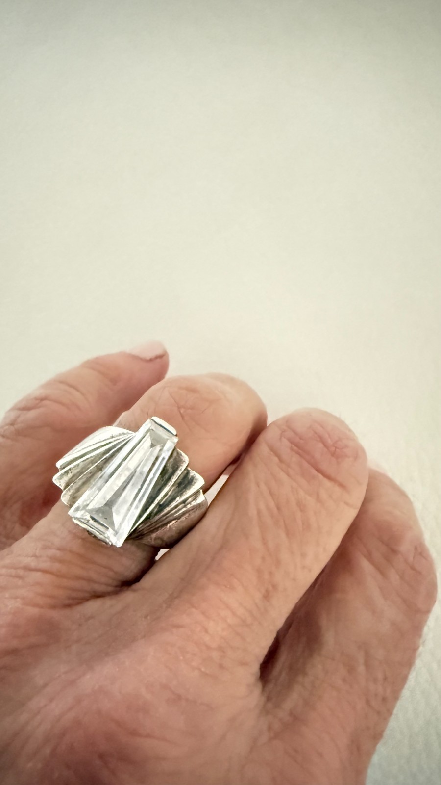 VINTAGE MT 925 STERLING SILVER FAN COCKTAIL RING TAPERED BAGUETTE STONE 10 G 7