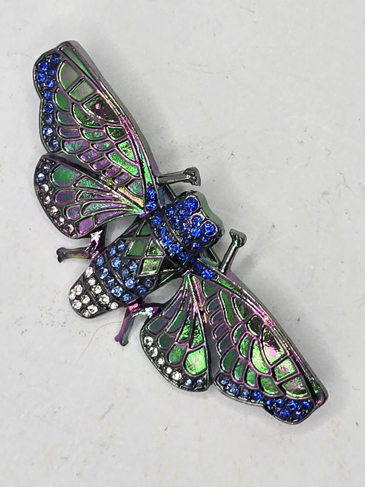 ENAMEL AND RHINESTONE CICAIDA 2″ LONG X .75″ LONG