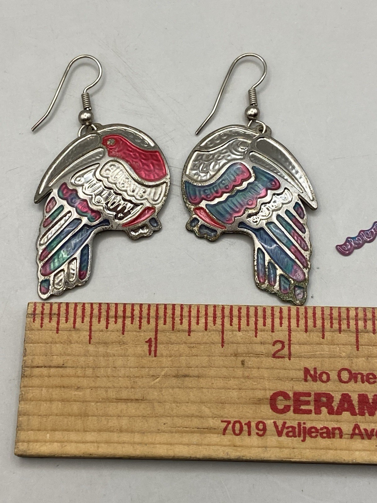 Vtg Edgar Berebi Silvertone Blue Green Enameled Toucan Dangle Pierced Earrings