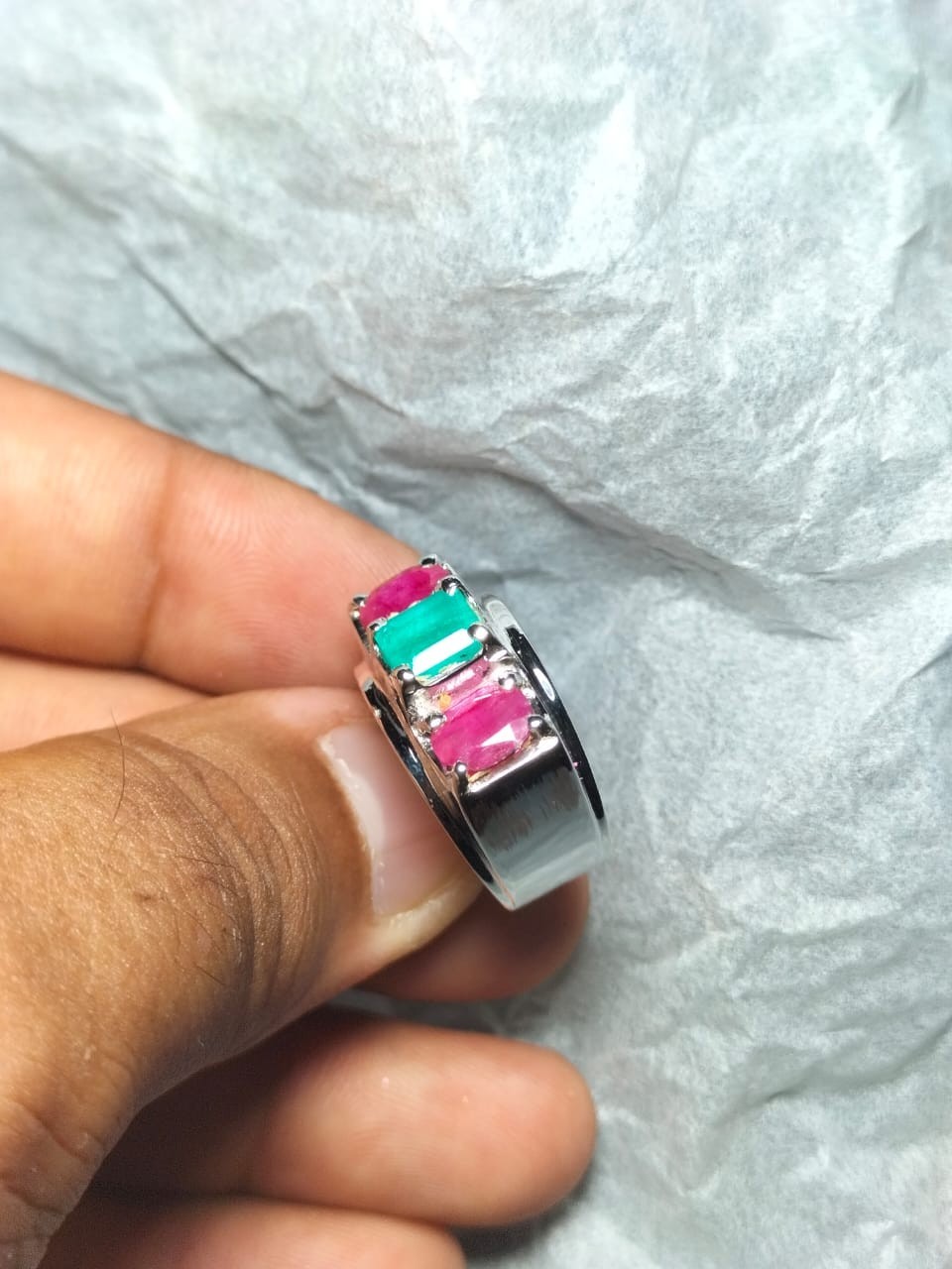 Natural Emerald Stone With Red Ruby Original Ruby Stones Ring Silver Band 925