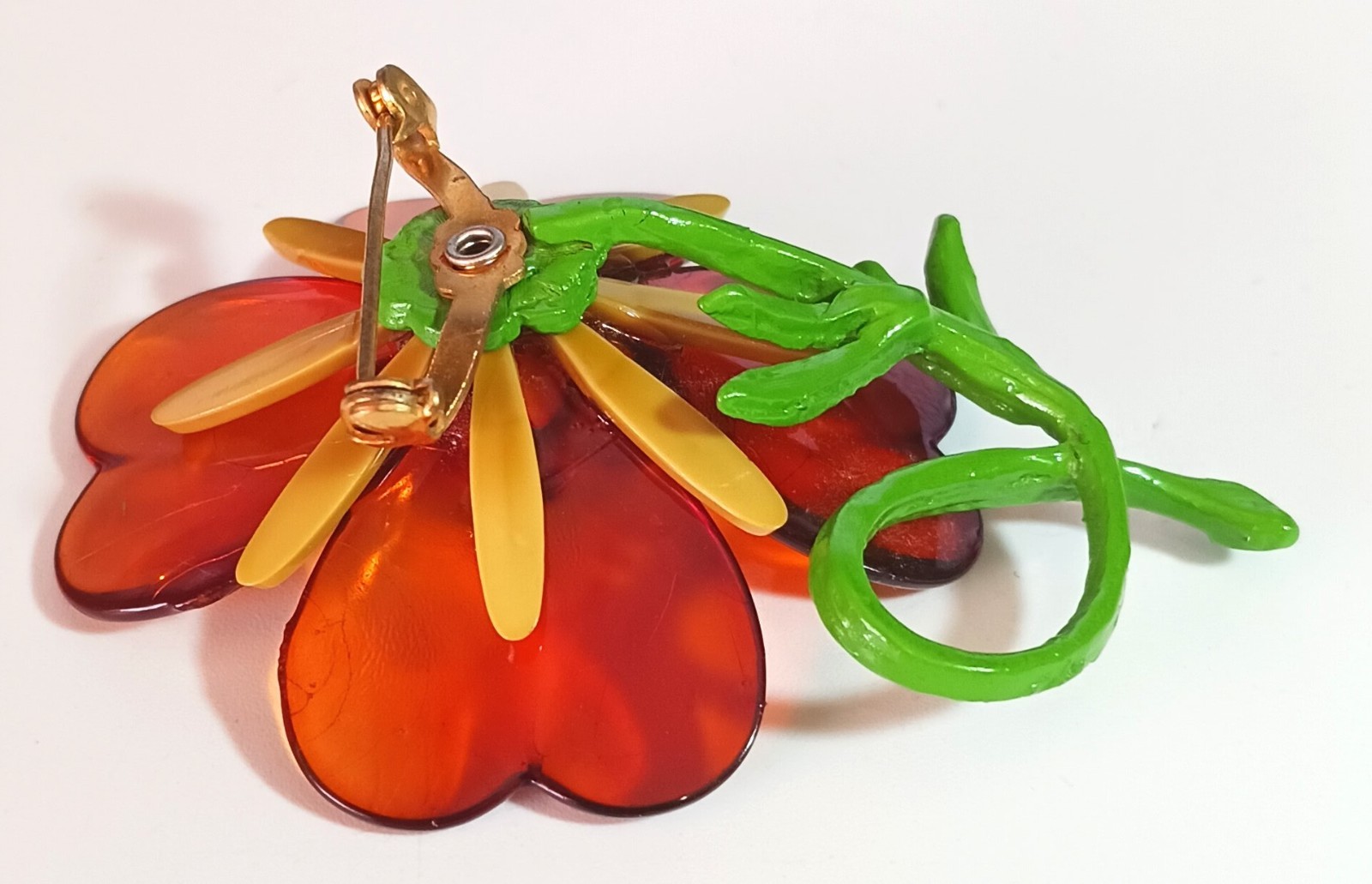 Vintage Orange, Yellow & Green Plastic (Cellulose Acetate?) Flower Brooch