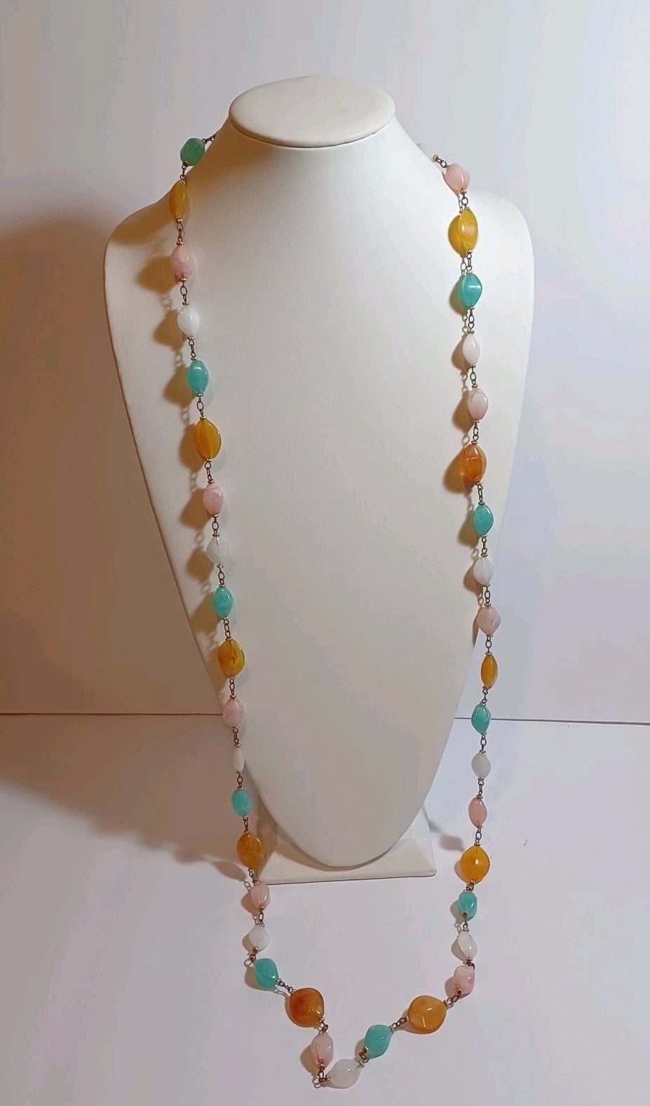 Pastel Marbled Plastic Resin Vtg Bead Chain Necklace 54in Pink, Mint, Amber, Wht