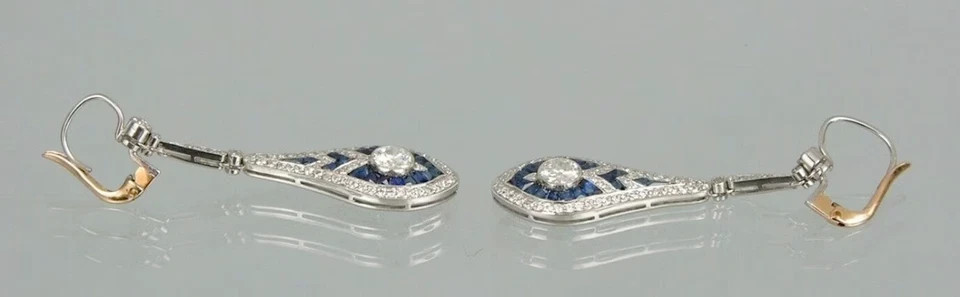 Art Deco Style Sapphire & Diamond Drop Dangle Wedding 14k White Gold FN Earrings