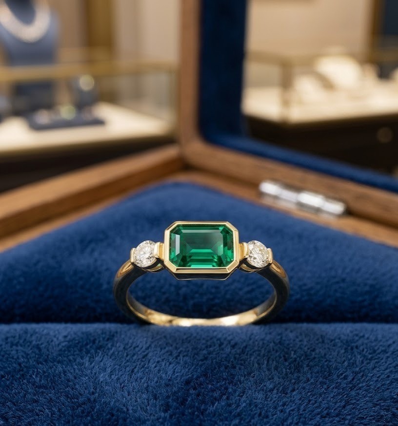 East West Bezel 1CT Real Green Emerald Vintage 3-Stone Ring 14K Yellow Gold Over