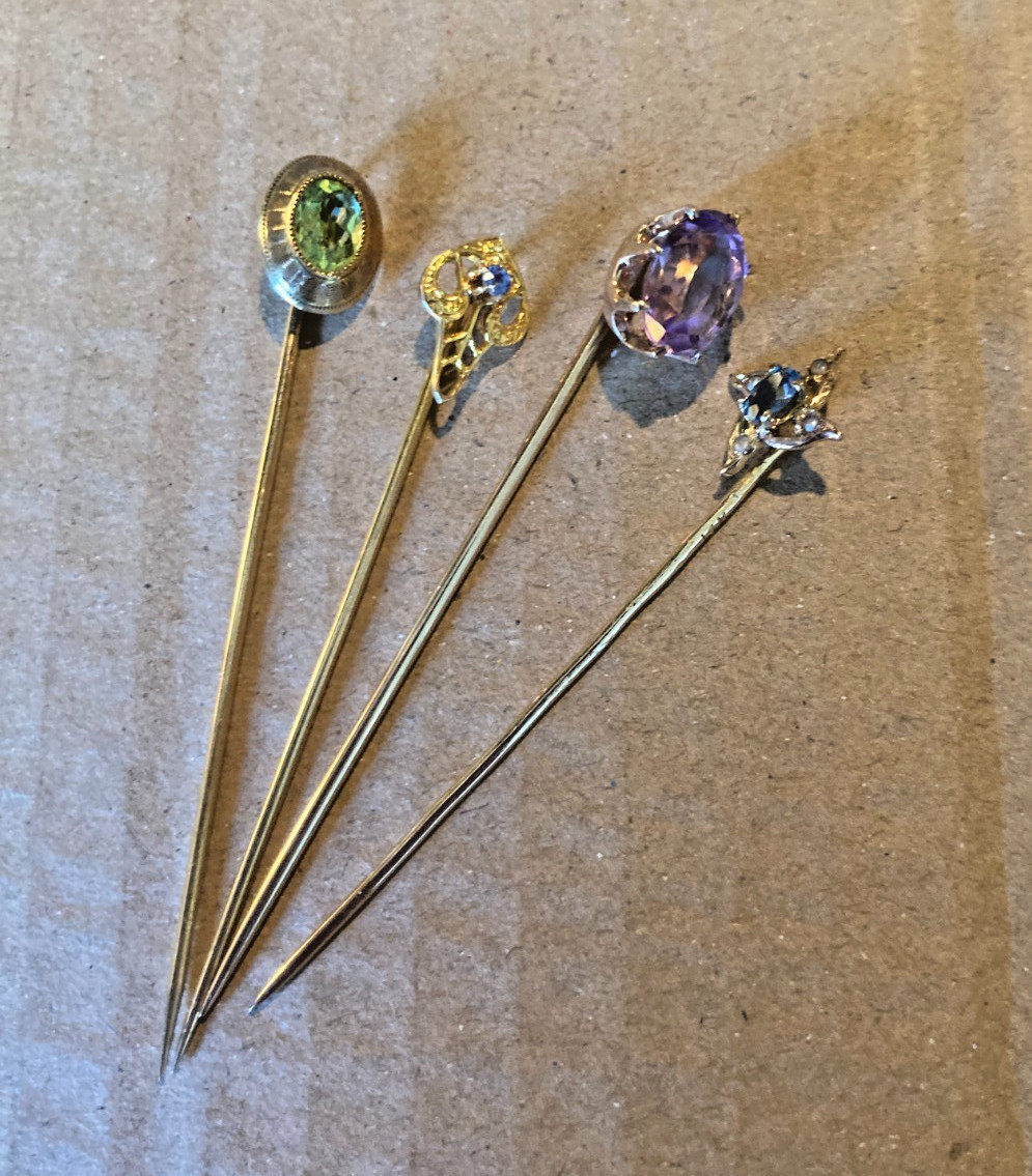 Antique 14k Gold Gem Set Stickpin Lot Amethyst Peridot Sapphire Topaz BIN