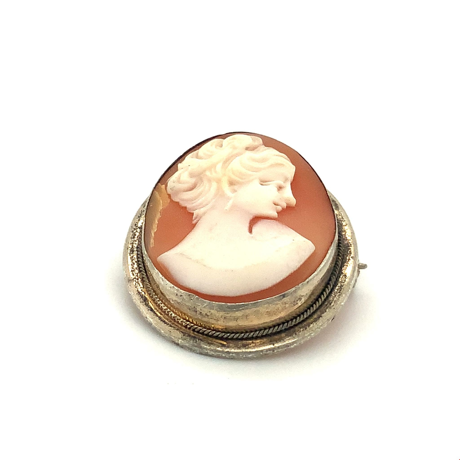 Antique Signed 800 Victorian Carved Shell Female Lady Oval Cameo Brooch Pin