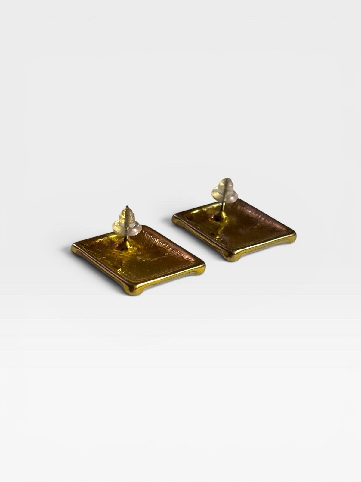 Vintage 1980s Square Enamel Heavy Gold Plated Power Statement Earrings 1” X 1”