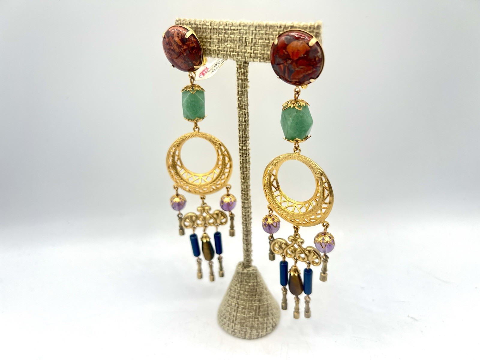 VTG Chandelier Gemstone Bead Pierced Earrings Saks Fifth Ave NOS RO-DO 1980s