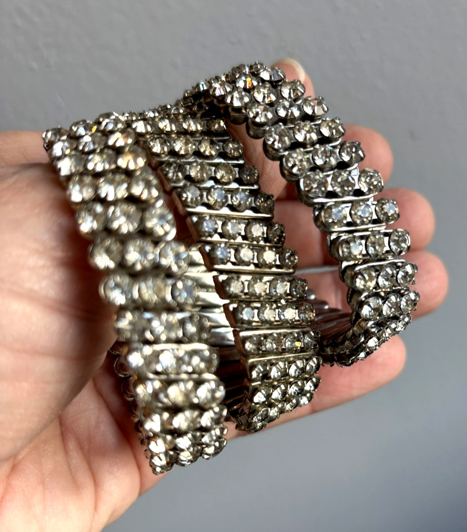 3 Crystal Rhinestone Prong Expansion Stretch Bracelets 1950’s Hong Kong Japan