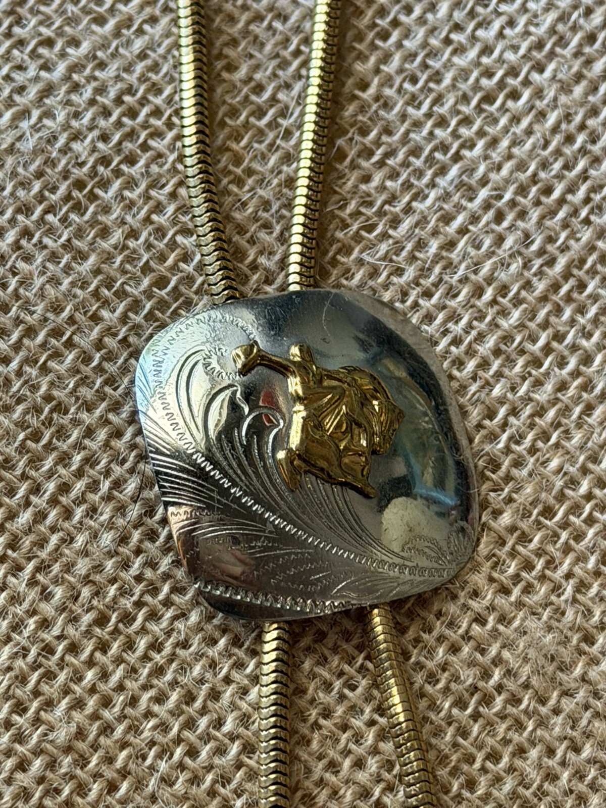 Vintage Silver Bolo Slide Necklace Gold Snake Chain Lariat Rodeo Western Rider