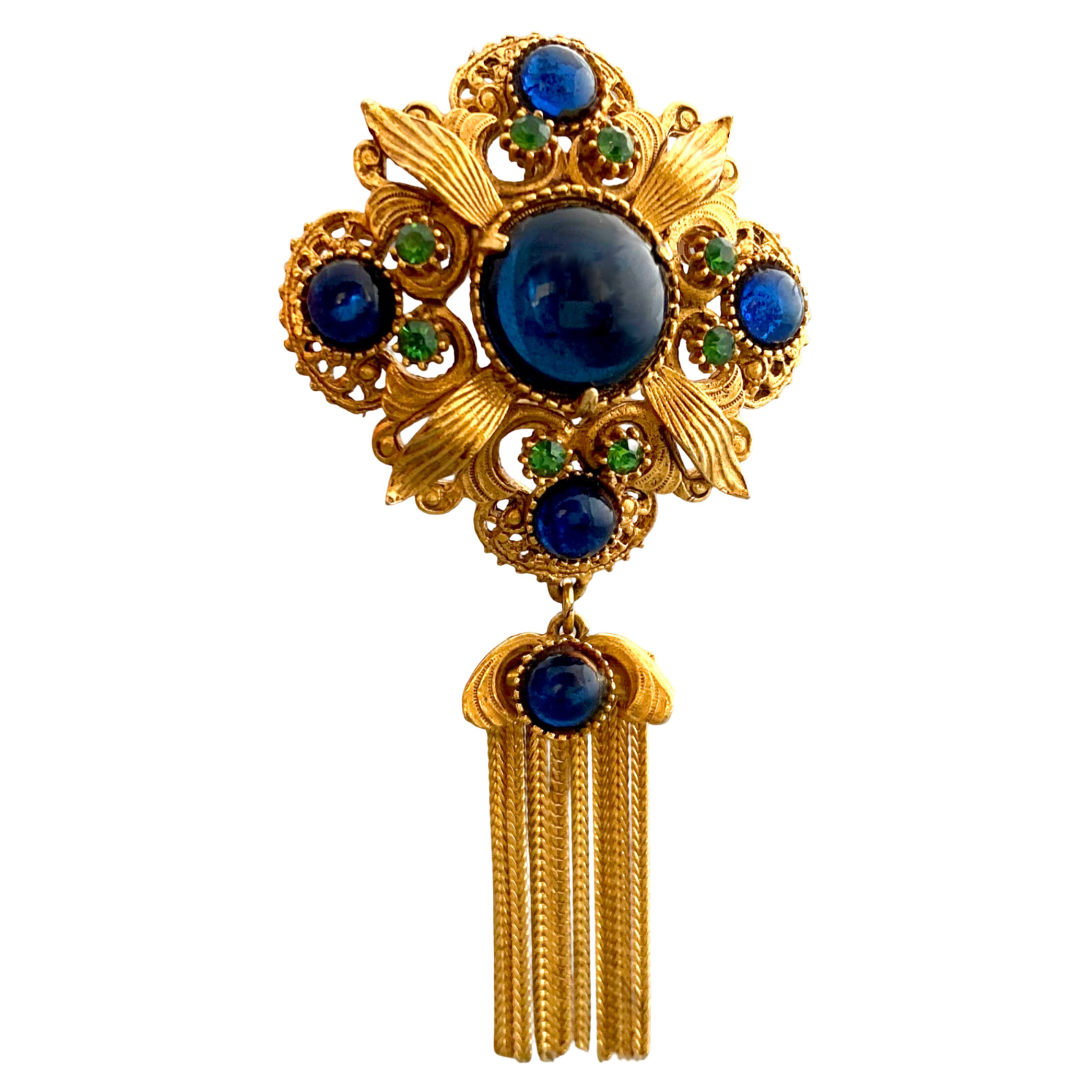 Vintage 1960s Signed FLORENZA Maltese Cross Blue Glass Rhinestone Fringe Brooch