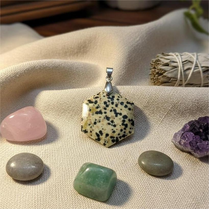 Certified Dalmatian Jasper Hexagon Pendant Necklace | Spotted Gemstone Jewelry