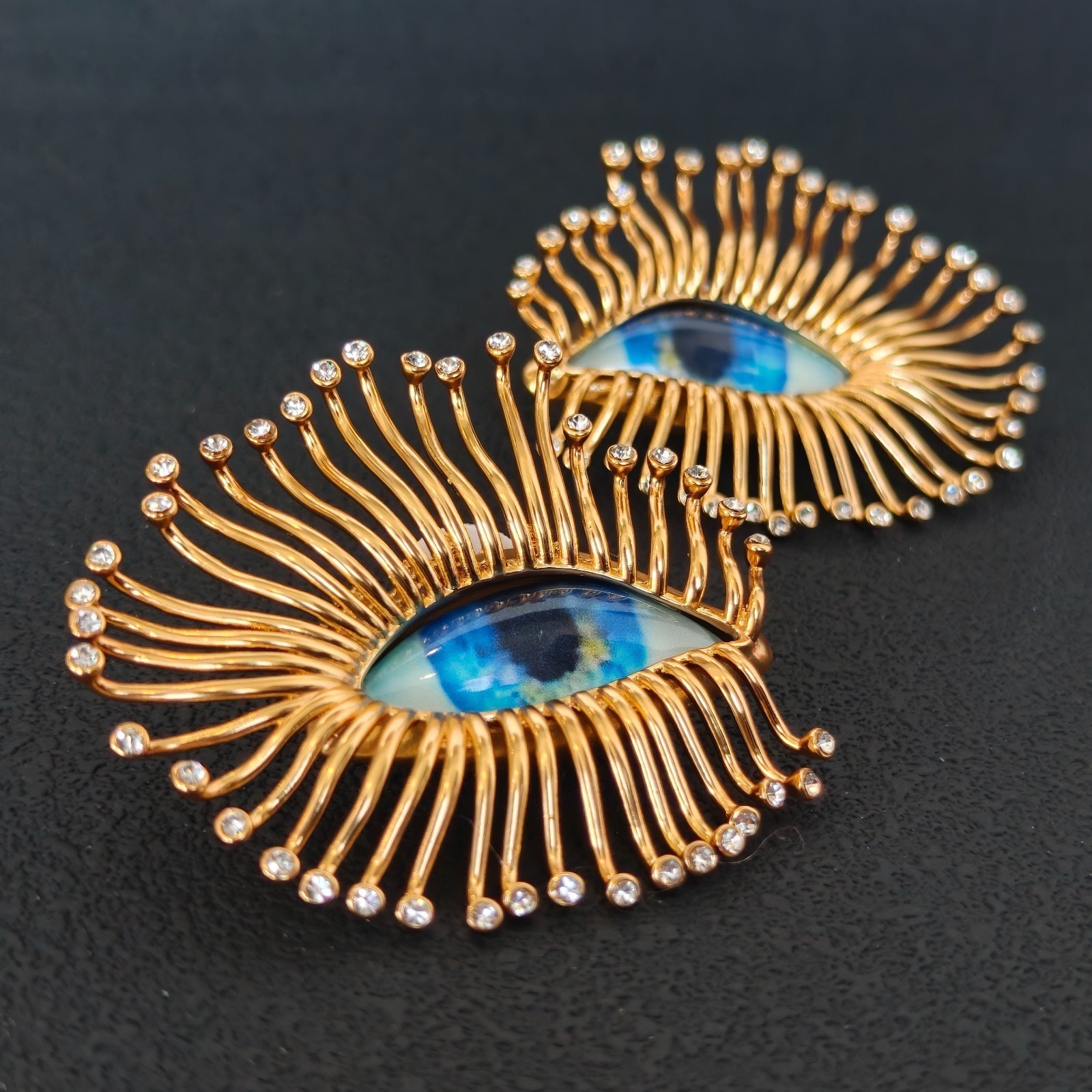 Schiaparelli Blue Eye Shape Luxurious Texture Golden Earrings WITH BOX