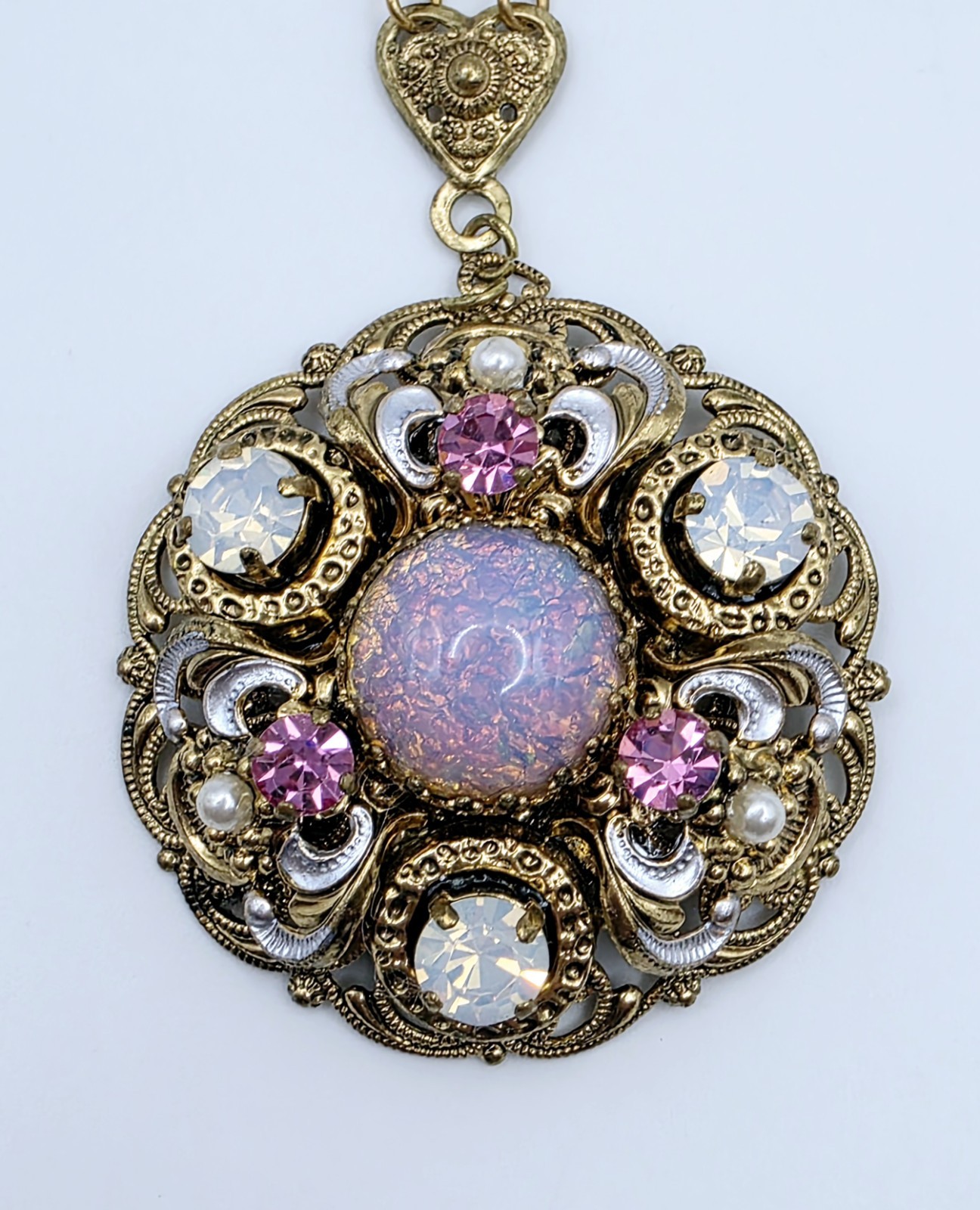 Vtg West Germany Filigree Pendant Necklace Pink Faux Opal Rhinestone Pearl