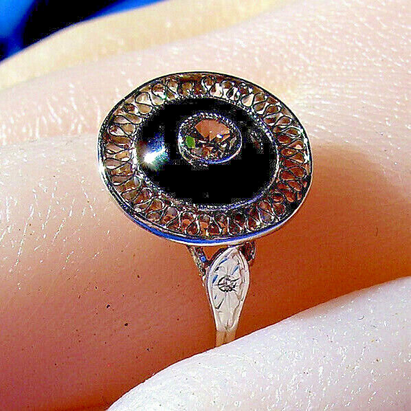 Original EARTH MINED DIAMOND Onyx Deco Engagement Ring Antique PLATINUM Filigree