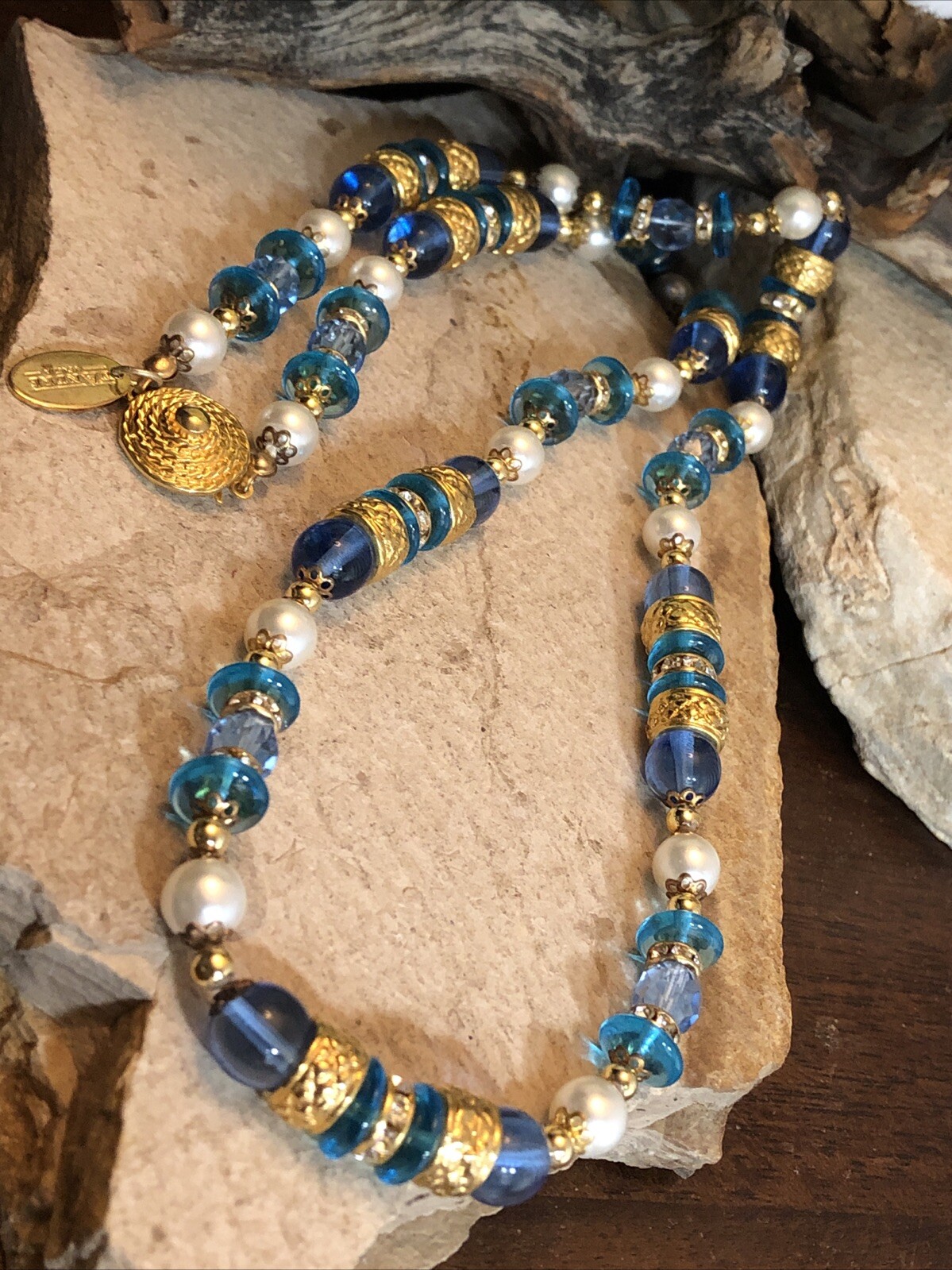 20. DAndre Venezia Gold tone Spacer Pearl Blue Yellow Glass bead Necklace 28″