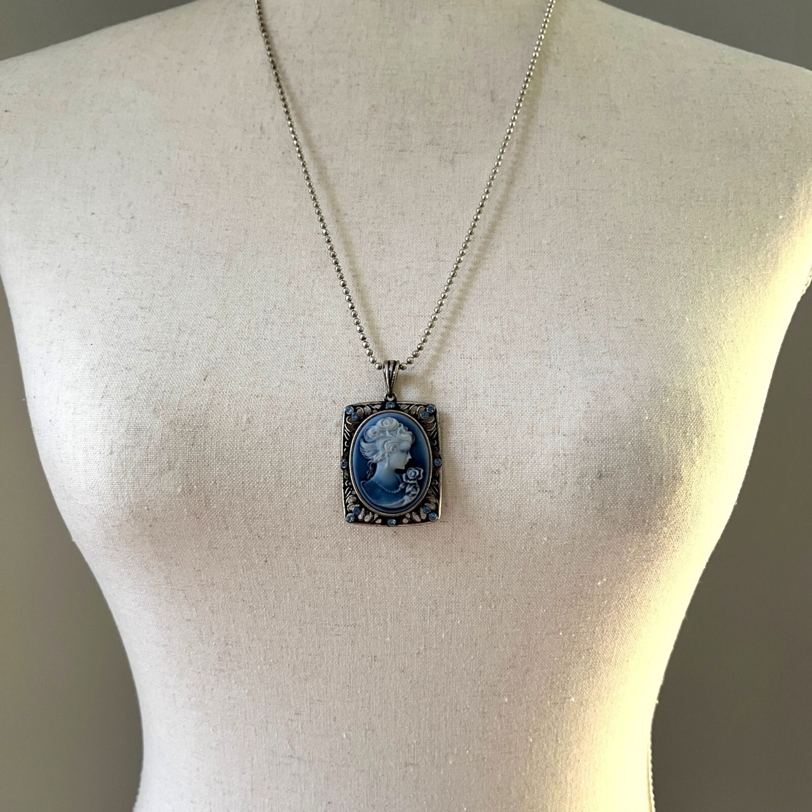 Vintage Style Victorian Revival Blue Rhinestone Cameo Pendant Necklace