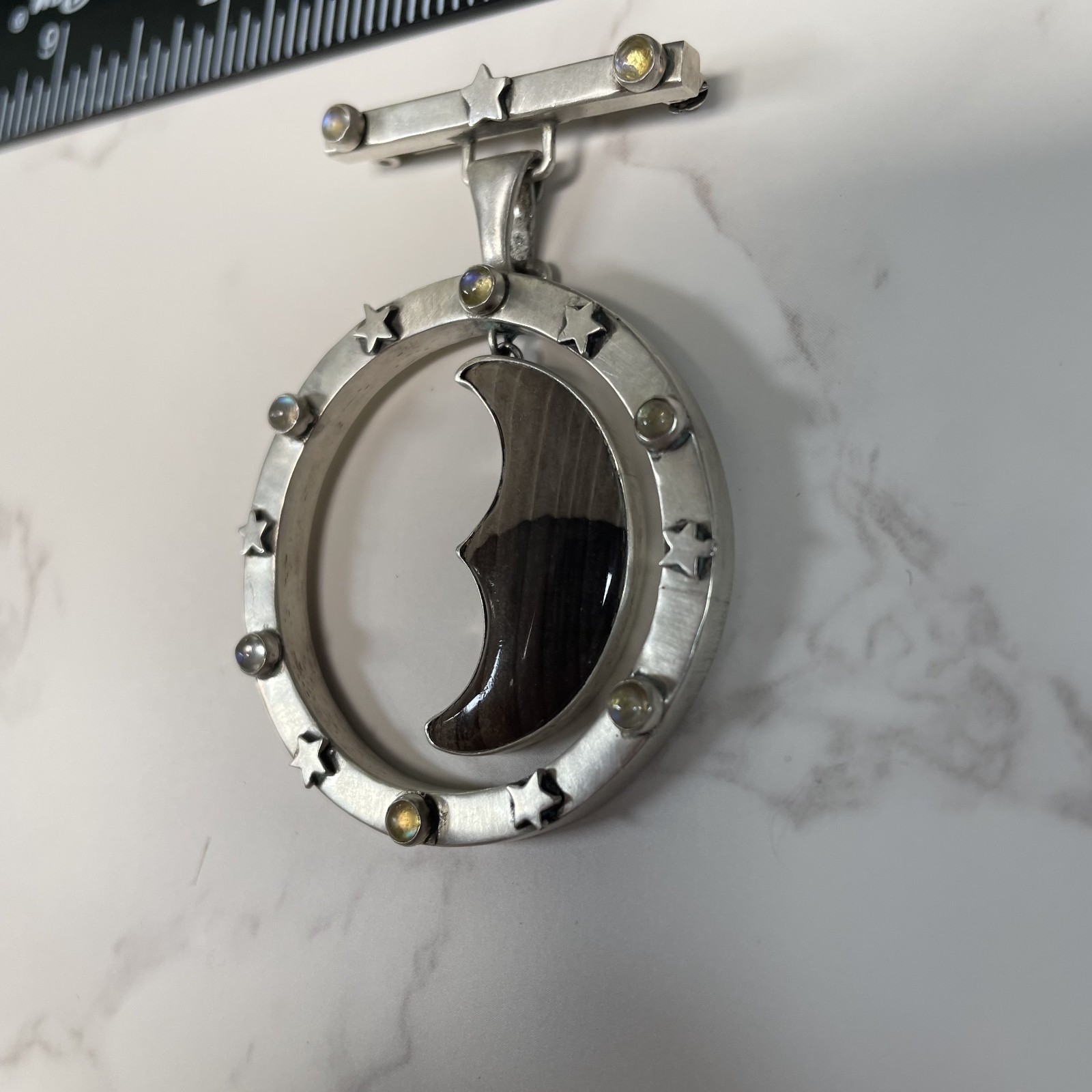 Ken Kantro 29gram S Silver Pendant & Brooch Crescent Moon, Chatoyant Tiger’s Eye