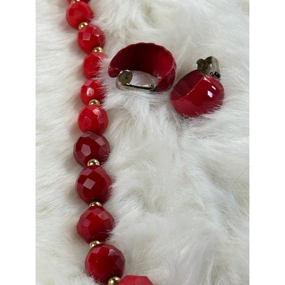 Vintage Red Faceted Bead Necklace and Matching Red Enamel Clip On Hoop Earrings