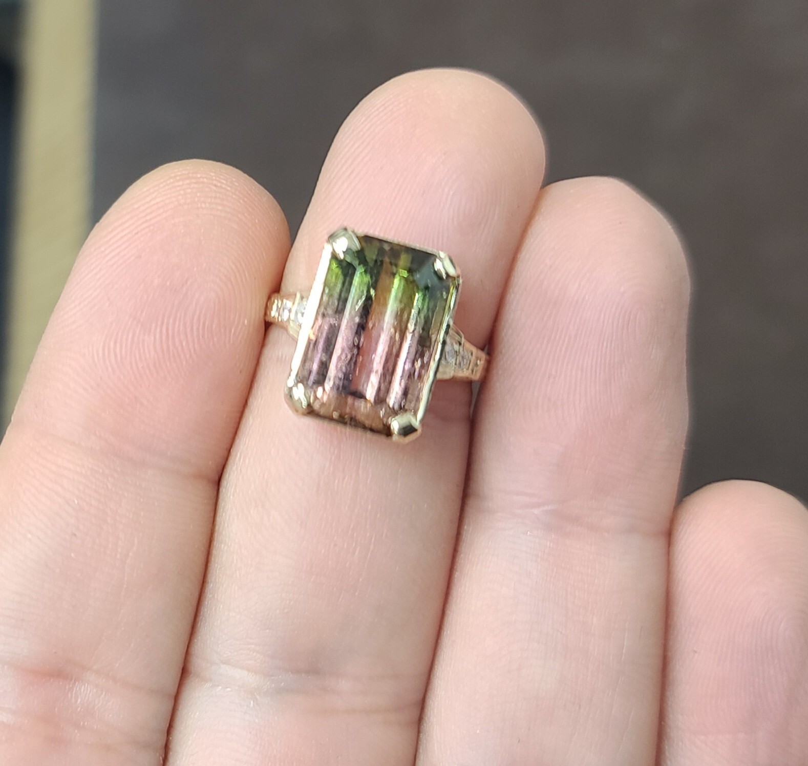Vintage 14k Yellow Gold Engagement Ring 7.73CT. Natural Bio Tourmaline
