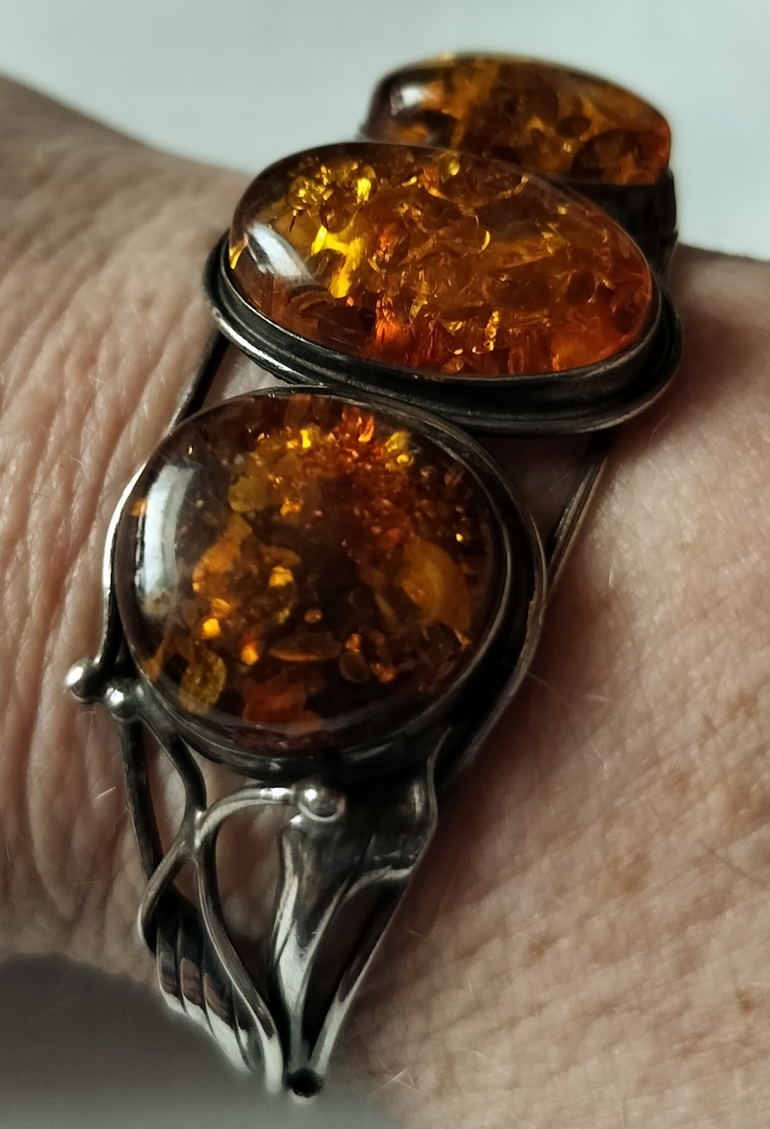 Sterling Silver Cuff Bracelet With Baltic Amber Stones.