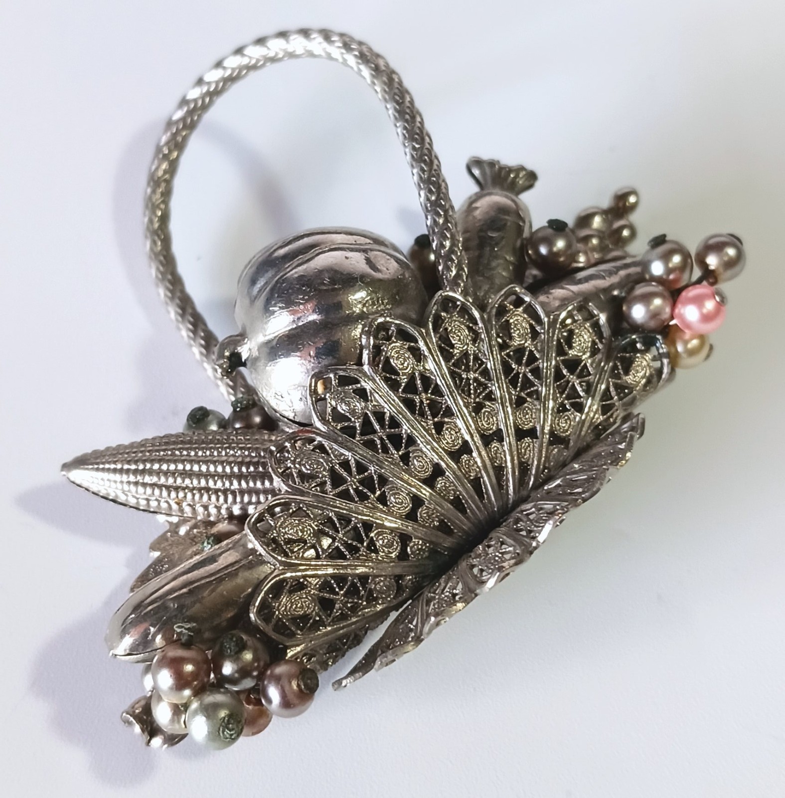 Unusual Ornate Silver-tone Vintage Harvest Veggie & Fruit Basket Brooch