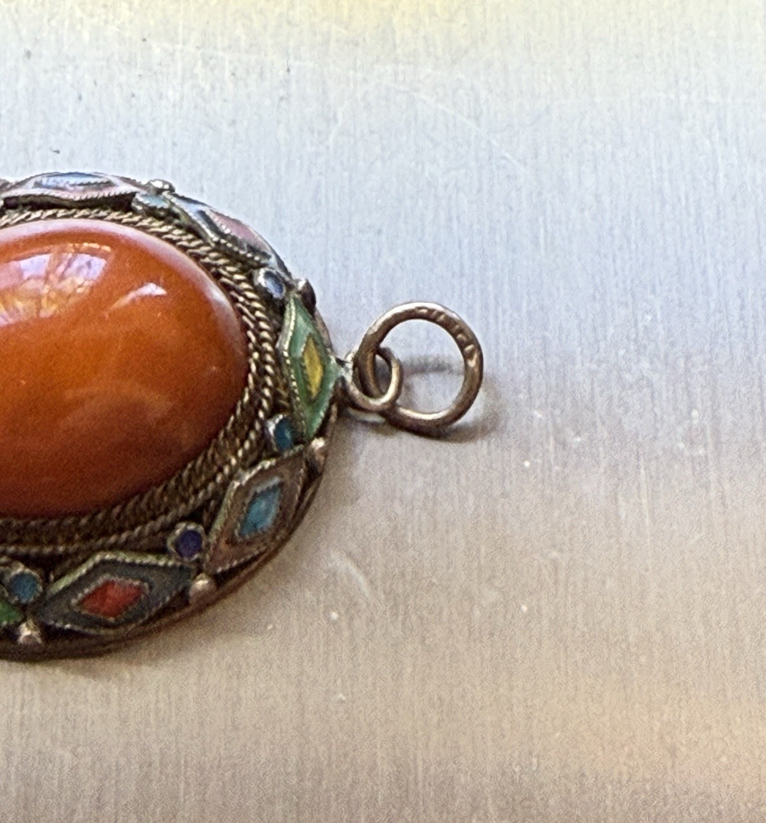 Vintage Chinese Export Enamel Filigree Pendant w/ Rich Orange Butterscotch Amber