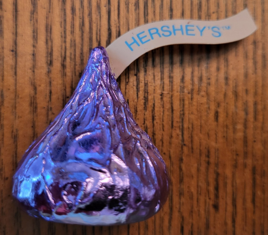 Vintage 1990s Hershey’s Kisses Purple Foil Chocolate Candy Lapel Pin Brooch 1996