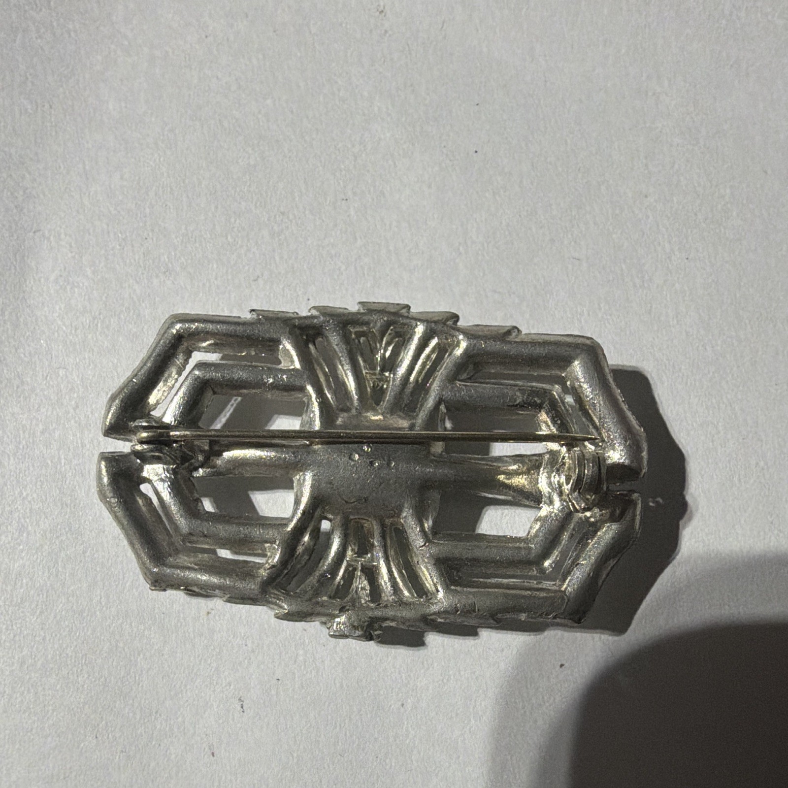 Art Deco Silver-Tone Geometric Brooch Pin w/ Green Square Center Stone