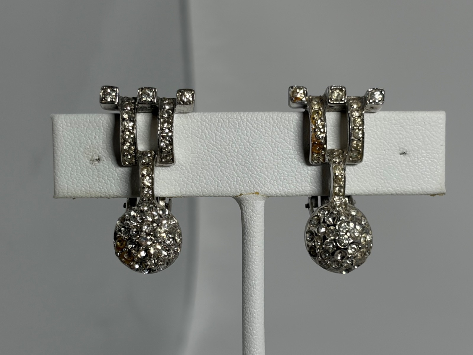 Art Deco Sterling Silver Rhinestone Drop Earrings Pat Pend Vintage 1930s