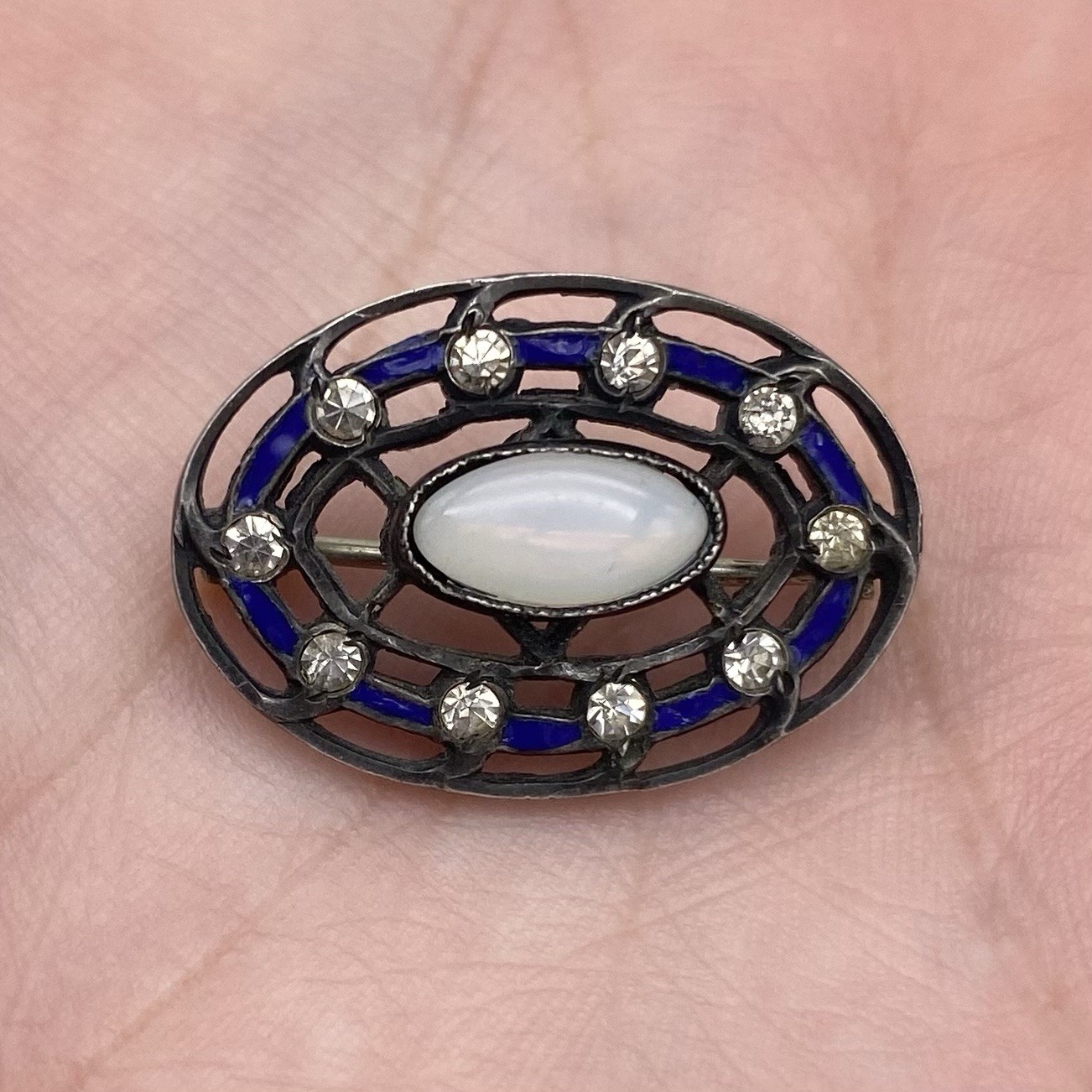 Vintage Art Deco Brooch Sterling Silver Metalwork Opalite Glass Cabochon Enamel