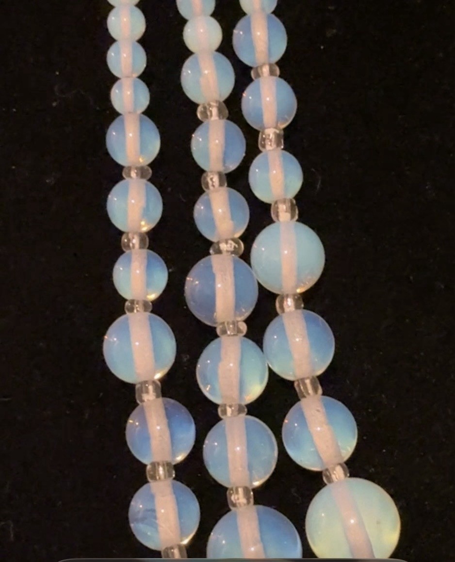 VTG CZECH Art Deco Graduated Blue OPALINE GLASS Triple Strand Festoon NECKLACE