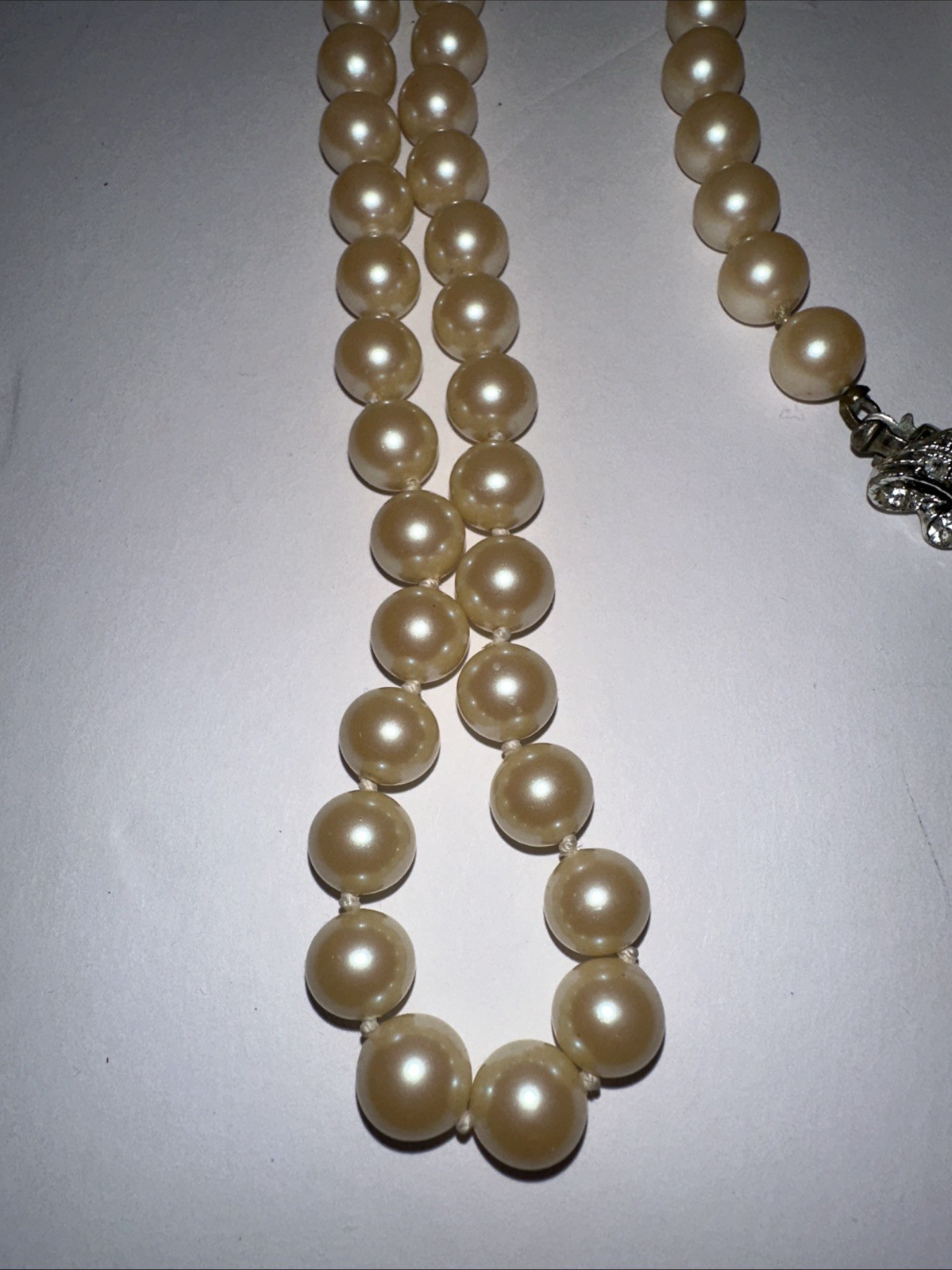 Faux Pearl Necklace Hand Knotted Cream Pearls 32″ Silver Tone & Diamanté Clasp