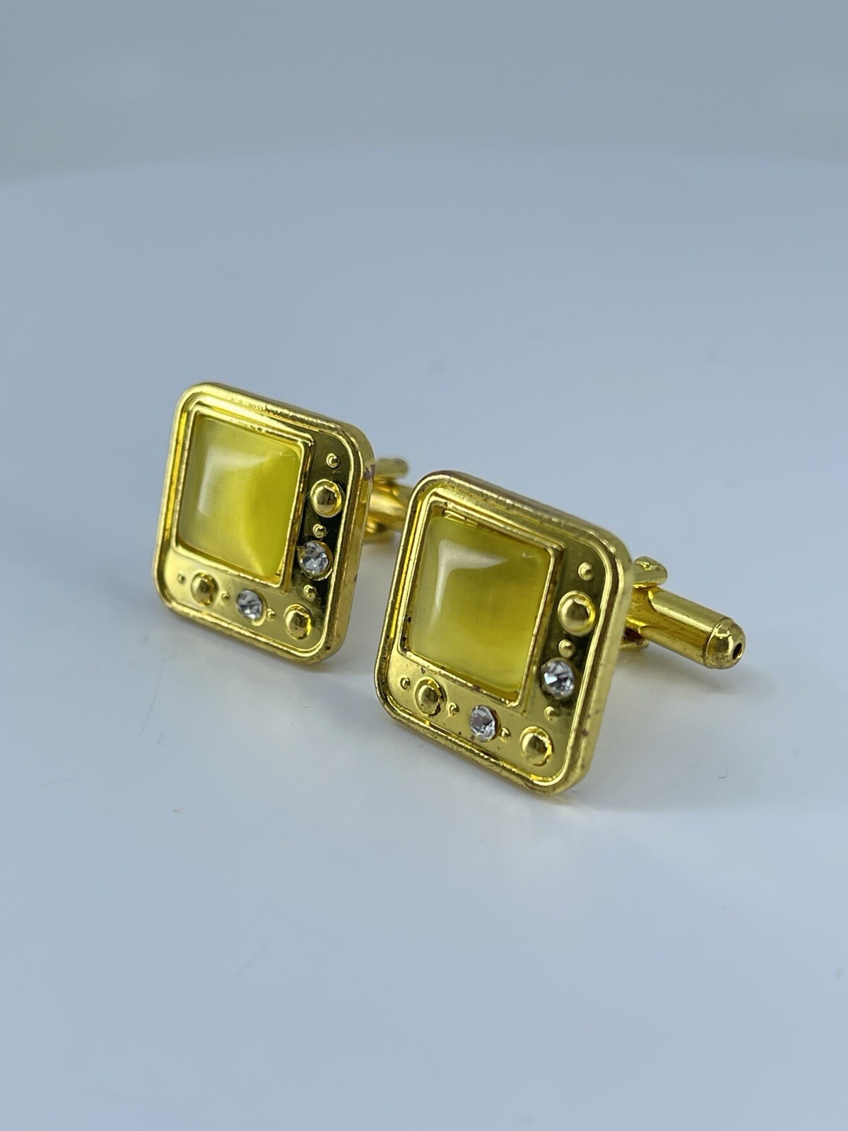 gold tone square yellow glass cufflinks white rhinestones accents bullet backs
