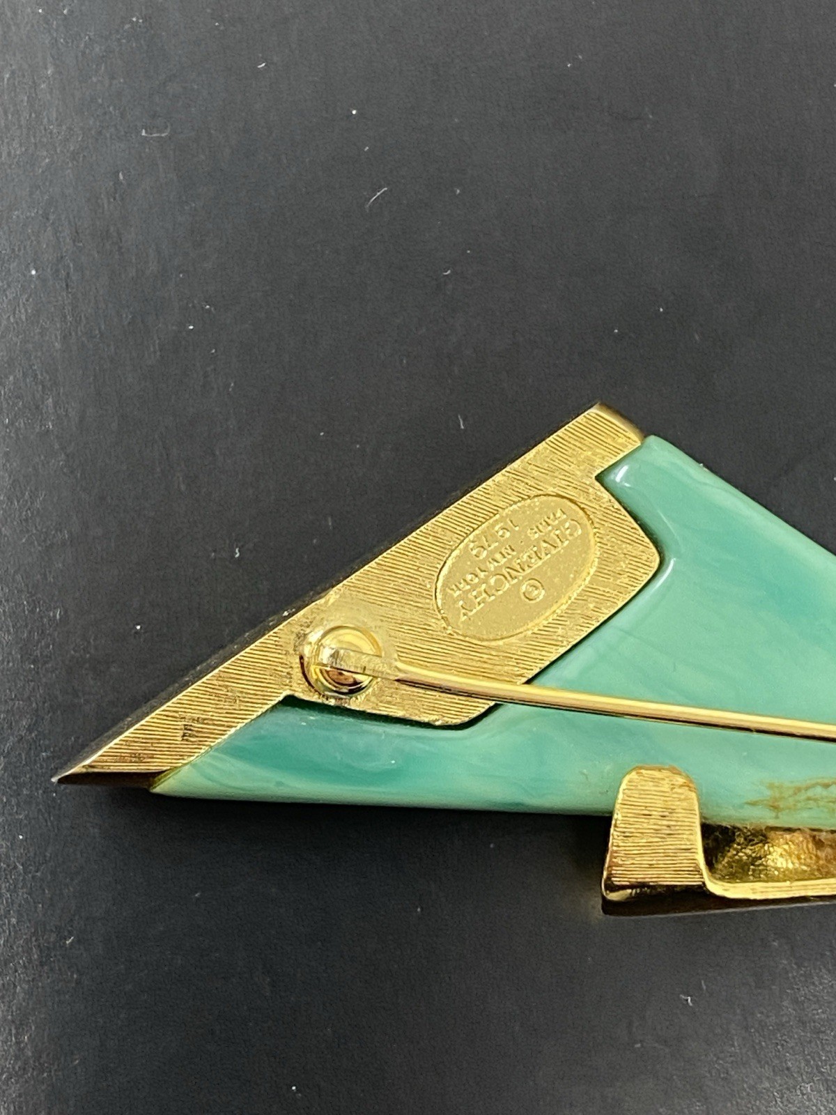 Givenchy Vintage Brooch Pin Green Stone Gold Setting 1979 New York Paris