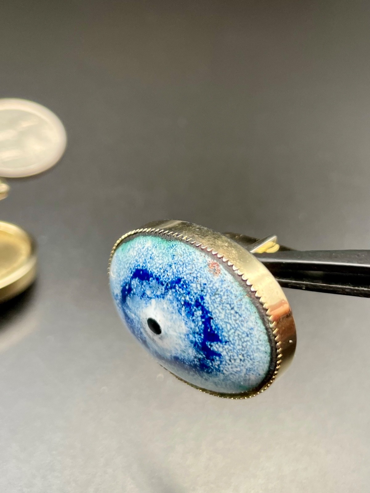 Vintage Mid Century Modernist Enamel Oval Silver Tone Cufflink Blue Evil Eye