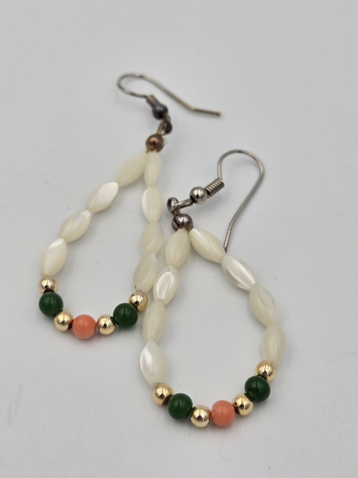 Vintage Mother of Pearl Rice Bead Braided Bracelet & Earrings Set Coral Jade…