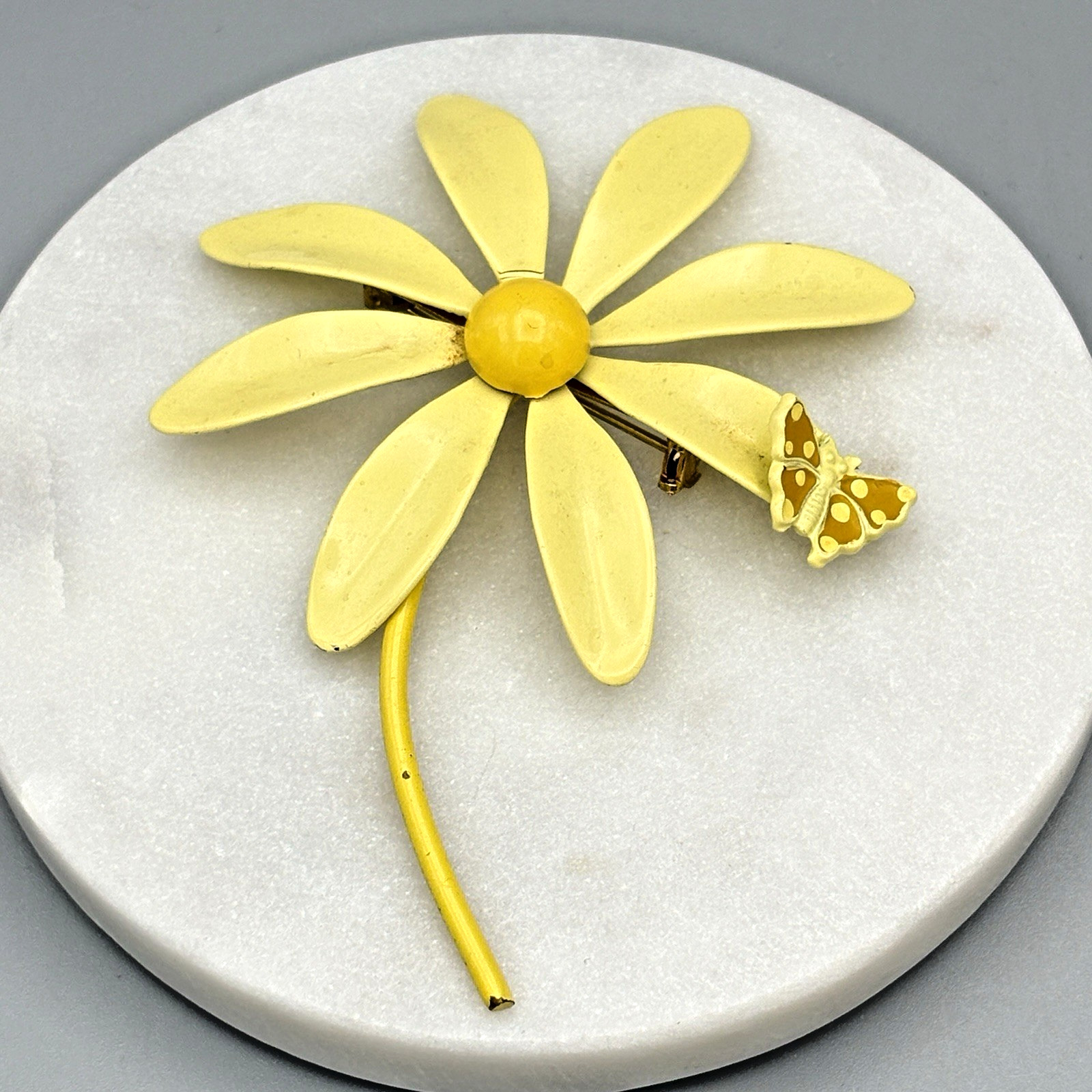 Vintage Enamel Flower Brooch with Butterfly Cheery Yellow Statement PIn