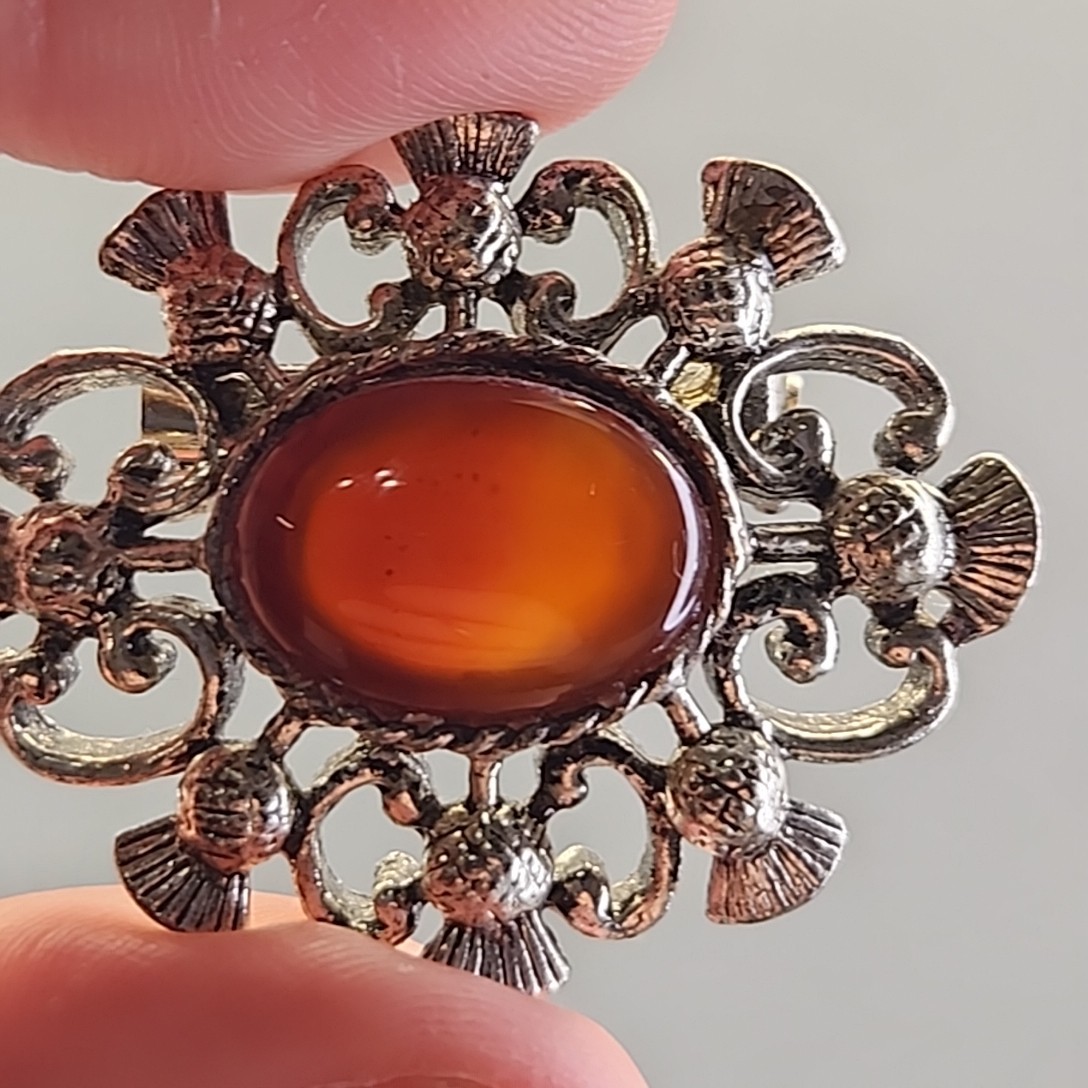 Vintage Carnelian Brooch Orange Stone Silver Tone Scrollwork Oval 1 5/8″