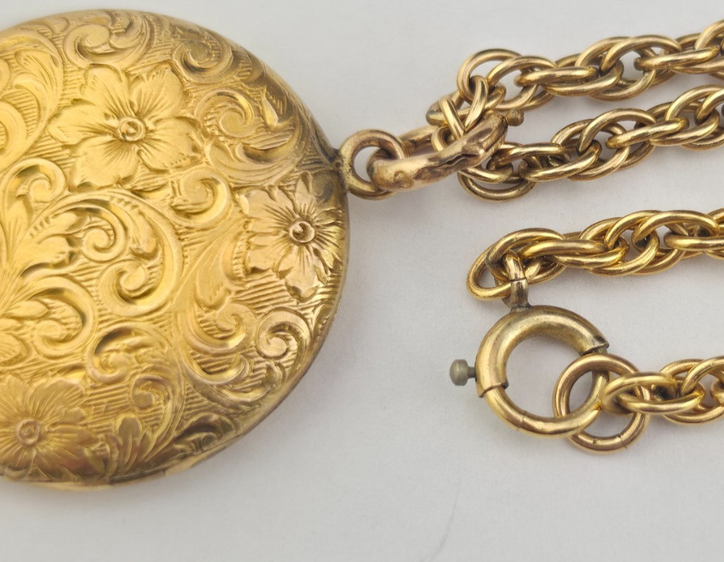 Antique W&SB 1/4 Gold Shell Fill Art Nouveau 3cm Locket Rope Chain Necklace